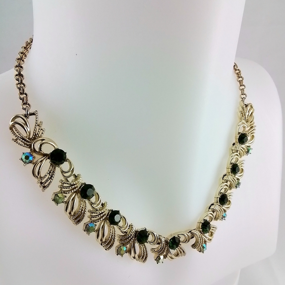 Coro Signed Vintage Green AB Rhinesone Choker Necklace